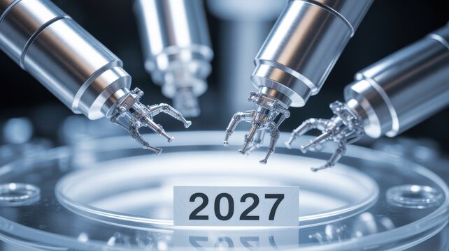 Robotic arms working on a 2027 year sign in a tech lab