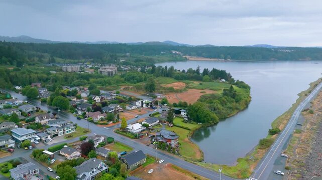 Langford, British Columbia, Canada - October 16, 2026: Aerial view of suburban neighborhood streets and single family homes