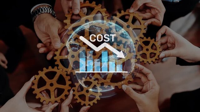 A group of diverse hands holds wooden gears while a graph and globe signify cost reduction and financial growth, symbolizing teamwork in business strategy. Raster