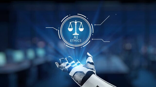 A robotic hand reaches out in a digital space, symbolizing the importance of ethics in artificial intelligence and its implications in technology and law. Synapse