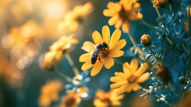 Enchanted garden macro scene: bright yellow blossoms with a buzzing bee among cool foliage
