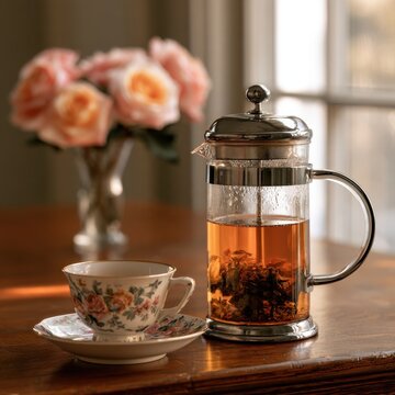 A French press tea maker and floral teacup sit on a wooden table near roses. Perfect for cozy lifestyle and morning.
