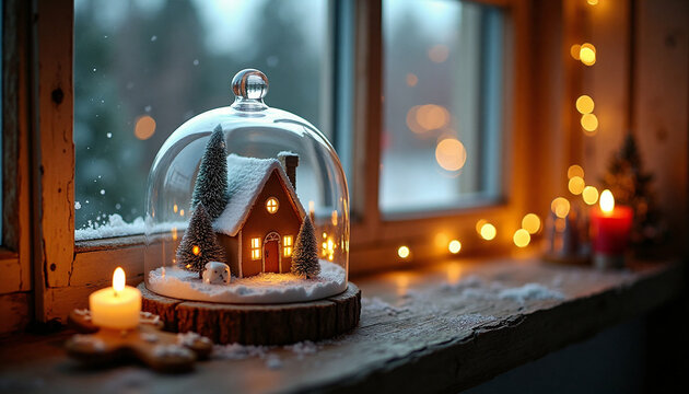 charming miniature winter house and pine trees under a glass dome on a wooden windowsill with candles and fairy lights