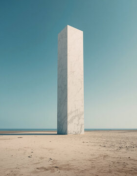 Large white marble monolith minimalist beach landscape