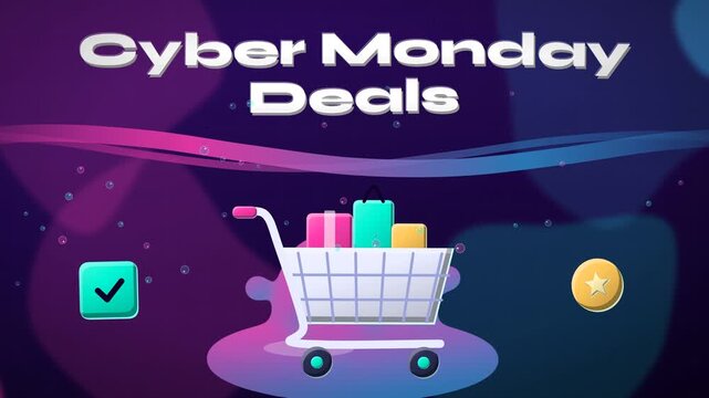 Cyber Monday Glowing Neon Liquid Shopping Cart Merging with Digital Data Streams Commercial Motion Graphic Video Background