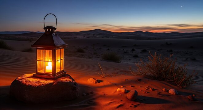 Glowing vintage lantern on desert sand dunes at twilight with warm candle light and peaceful blue horizon