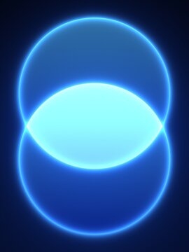 Two overlapping glowing circles lens effect, blue neon abstract background