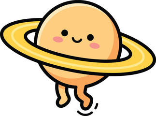 Peach Saturn planet character with yellow ring and little legs jumping happily © abid04