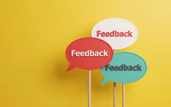 Feedback concept with colorful speech bubbles on a bright yellow background communication and improvement