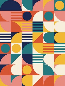 Bauhaus geometric pattern with colorful circles and shapes, retro mid century design