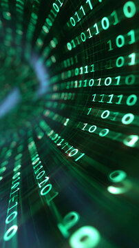 Abstract digital tunnel with a green binary code matrix, with copy space