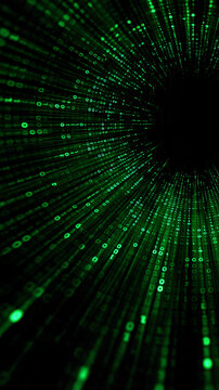 Abstract digital tunnel with a green binary code matrix, with copy space