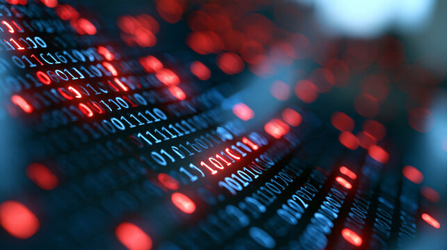 Glowing binary code data stream with red highlights, with copy space