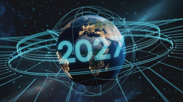Year 2027 digital globe with abstract network rings