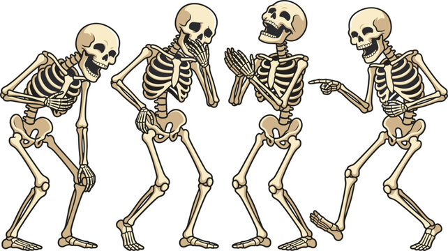 Four cartoon skeletons laughing humorously and reacting with animated expressions in various funny poses