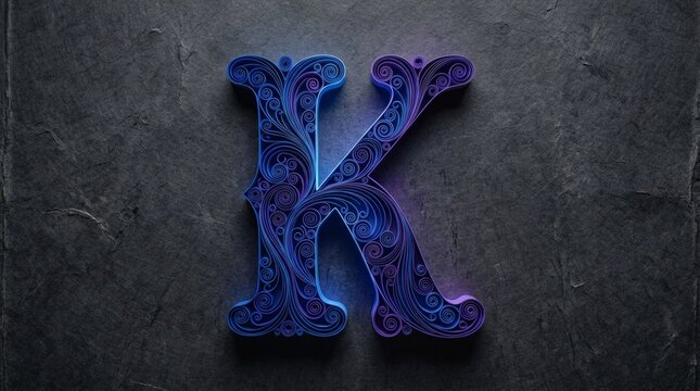 Quilled paper letter k in shades of blue and purple, featuring intricate scrollwork on a dark textured background.