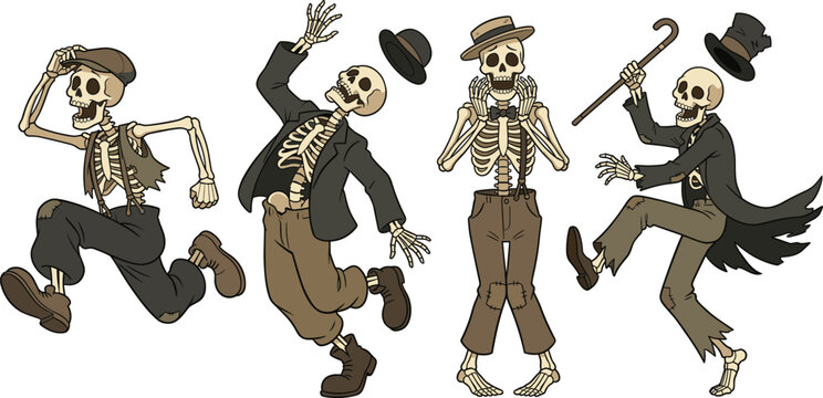 Four animated skeletons in different poses and clothing