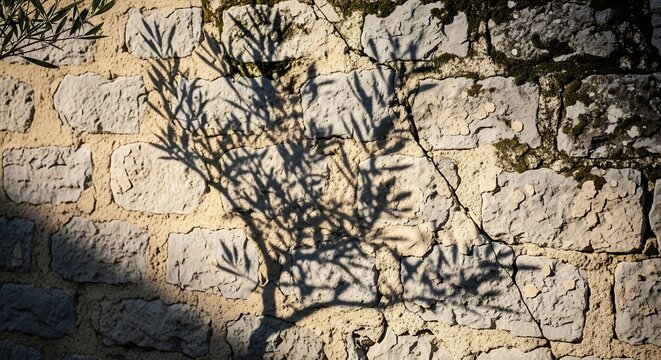 Young olive tree branches casting sharp shadows against a rustic weathered limestone stone wall at sunset