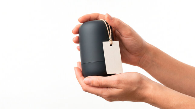 Hand holding portable speaker with tag for product promotion on white