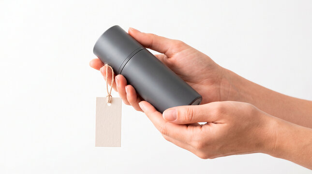 Product presentation with hands holding gray thermos bottle and tag