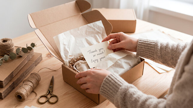 Gift packaging process with hands packing subscription box for