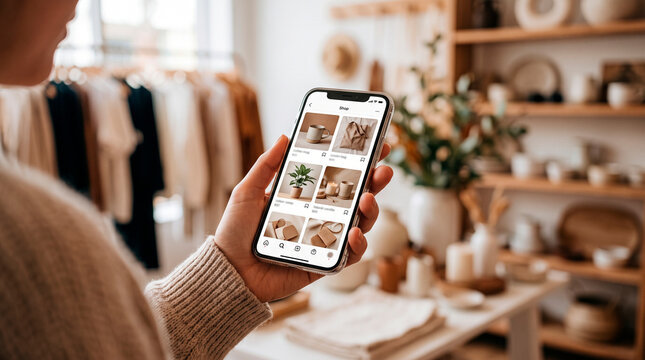 Shopping online on smartphone in boutique store with clothing and