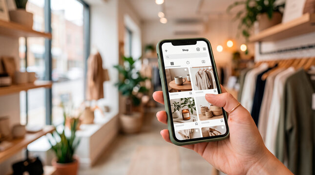 Casual shopping scene with hand holding smartphone displaying online