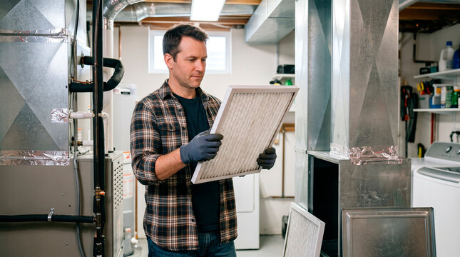 Homeowner changing HVAC air filter to improve indoor air quality and