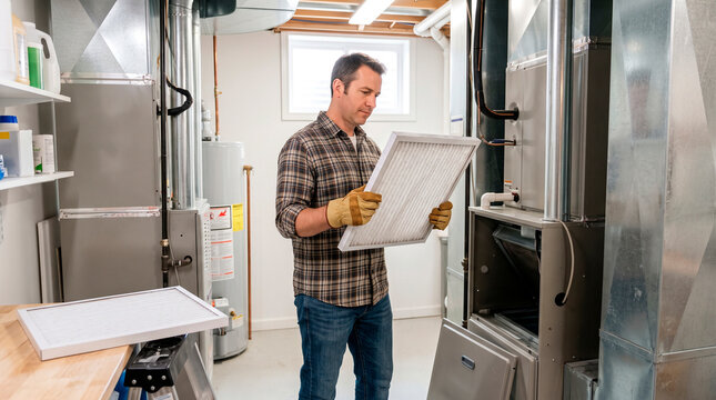 Homeowner changing HVAC air filter during maintenance in utility room