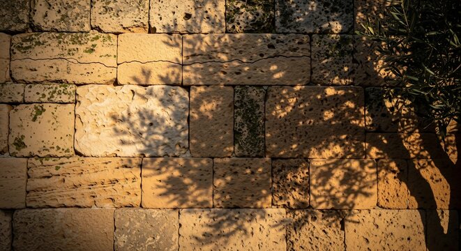 Ancient stone wall texture with olive tree branch shadow cast by warm glowing golden hour sunlight outdoors