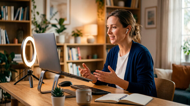 Remote work during video call with smiling woman using laptop in cozy