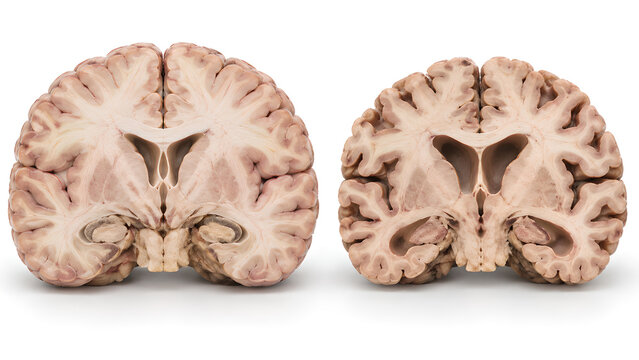Brain dementia comparison with normal anatomy and cortical atrophy in a photorealistic 3D medical illustration on a clean clinical background for neurology, healthcare design and patient education