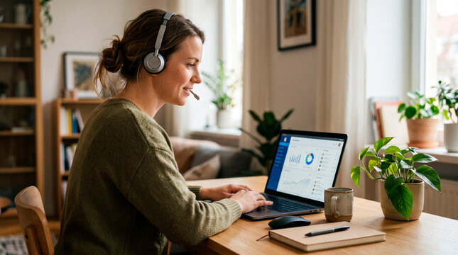 Remote work day with woman using laptop and headphones at home office