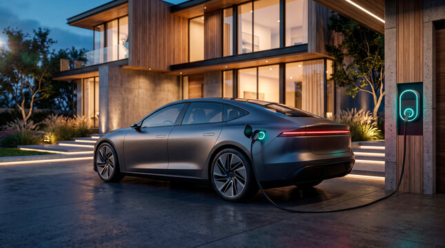 Electric vehicle charging at modern home with illuminated charging