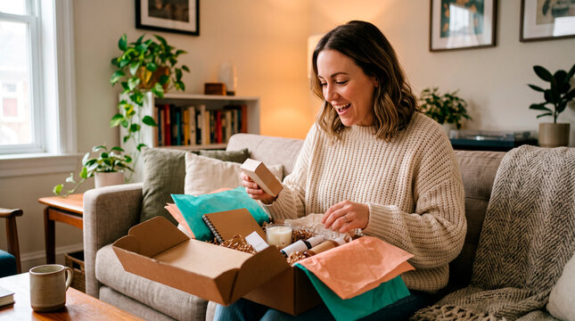 Woman unboxing subscription package at home with excited expression