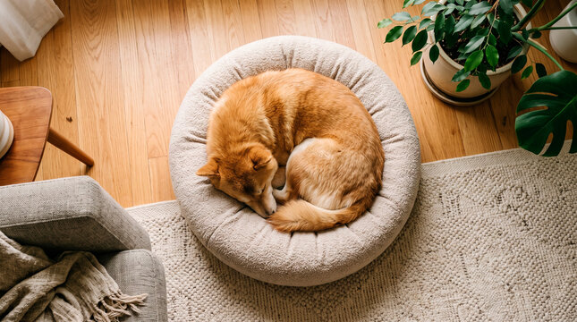 Dog sleeping in pet bed during daytime in cozy home setting for pet