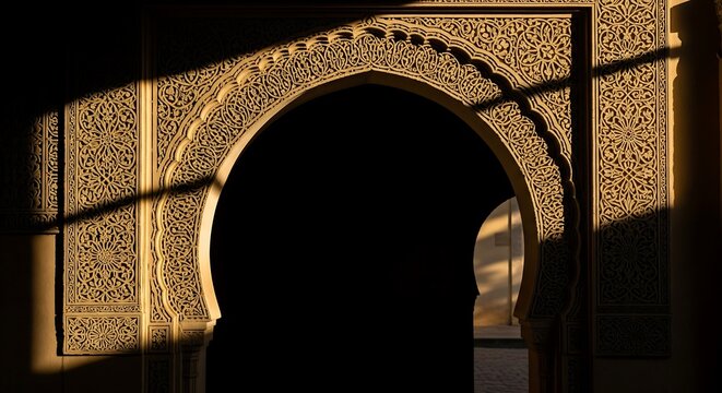 Intricate Moroccan archway with detailed stone carvings illuminated by soft golden sunlight creating deep dramatic shadows and contrast