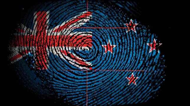 New Zealand and Australia flags blend in fingerprint design showing bond between nations