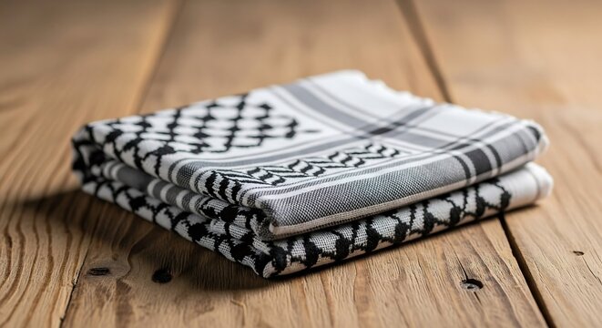 Folded traditional black and white keffiyeh scarf on rustic wooden table with soft natural side lighting