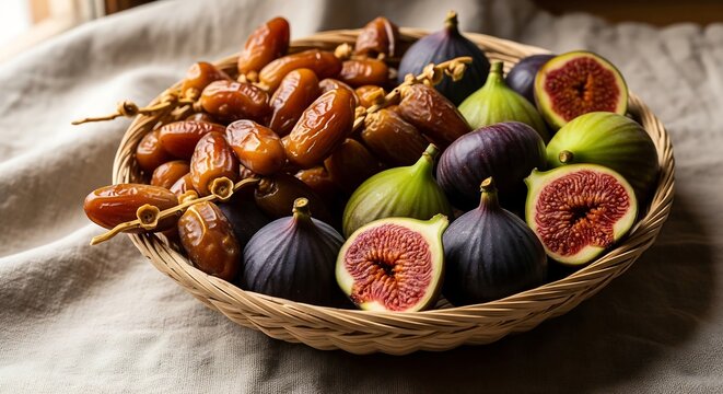 Fresh sweet dates and ripe purple green figs arranged in a rustic wicker basket on linen cloth background
