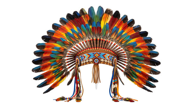 Native American warbonnet with colorful feathers, traditional indigenous feather headdress, tribal chief ceremonial headgear isolated PNG with Transparent Background