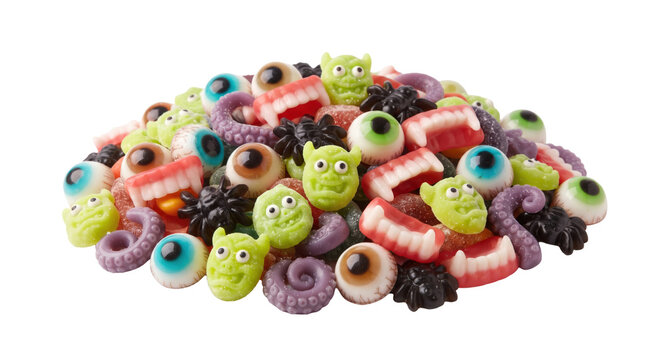 Pile of assorted spooky Halloween gummy candies
