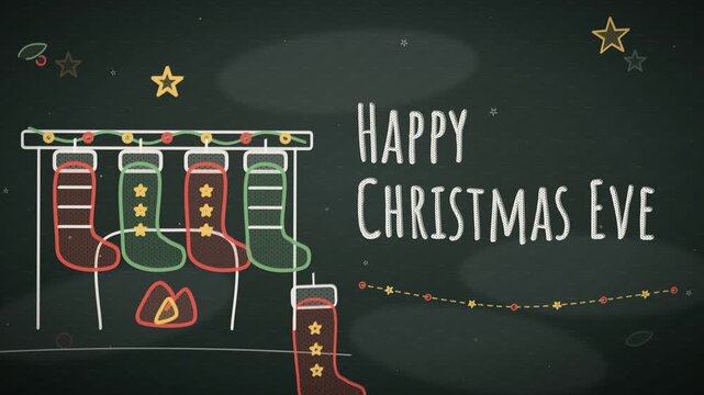 Artistic ink and chalk motion graphics depicting a tranquil snowy village rooftops under the moonlight as Santa Claus flies by on magical Christmas Eve