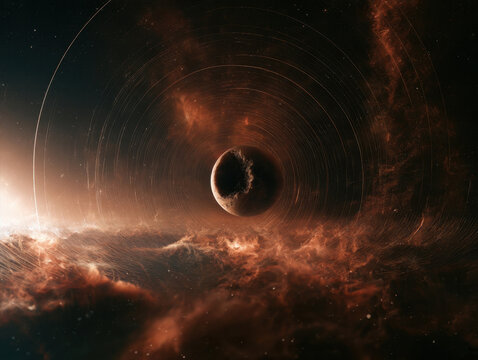 mysterious celestial planet surrounded by glowing cosmic particle orbits swirling golden nebulas dark starry universe background art deep space exploration sci fi concept illustration