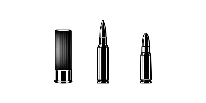 Ammunition set featuring shotgun shell and bullets black silhouette icons.