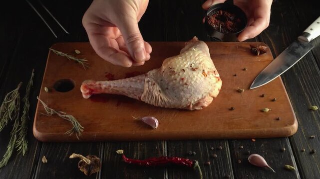 Hands seasoning a raw chicken leg with dried spices on a wooden cutting board, surrounded by garlic, herbs, chili pepper, and kitchen knife in a rustic food preparation setting