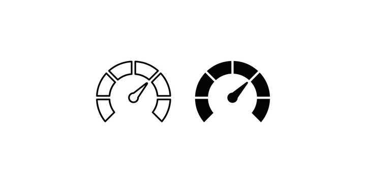 Speedometer gauge icon set with segmented scale in outline and solid black for performance and velocity monitoring.