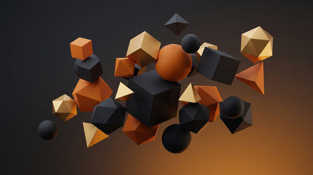 Abstract 3d rendering featuring floating geometric shapes in vibrant orange and dark black colors against dark gradient background
