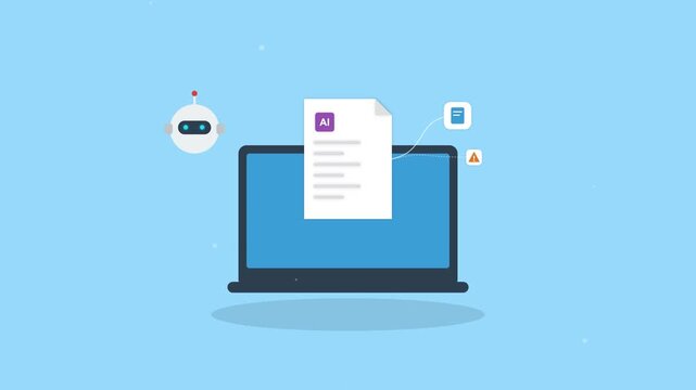 Artificial intelligence document automation illustration, flat vector laptop with bot assistant and digital files, blue background technology animation