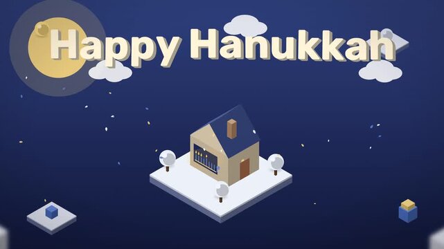 Charming isometric architectural home window revealing a glowing lit hanukkiah menorah dispelling winter darkness in celebrating the miraculous Festival of Lights